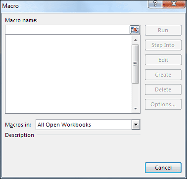 The Excel Macro dialogue box