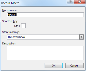The Record Macro dialogue box in Excel