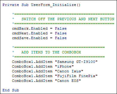 VBA code for the Initialize event