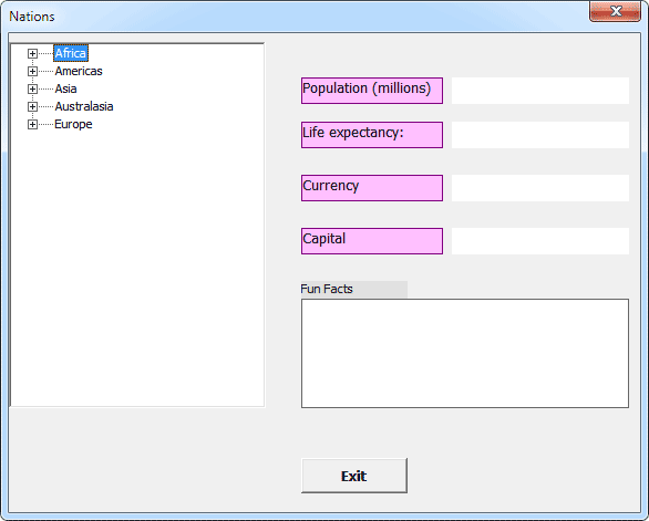 An Excel VBA form showing a Treeview