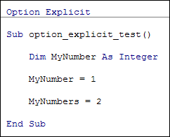 Excel VBA Code demonstrating Option Explicit